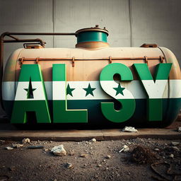 The word 'A L S Y' prominently displayed in bold, dynamic lettering, colored with the vibrant green hues of the Syrian flag