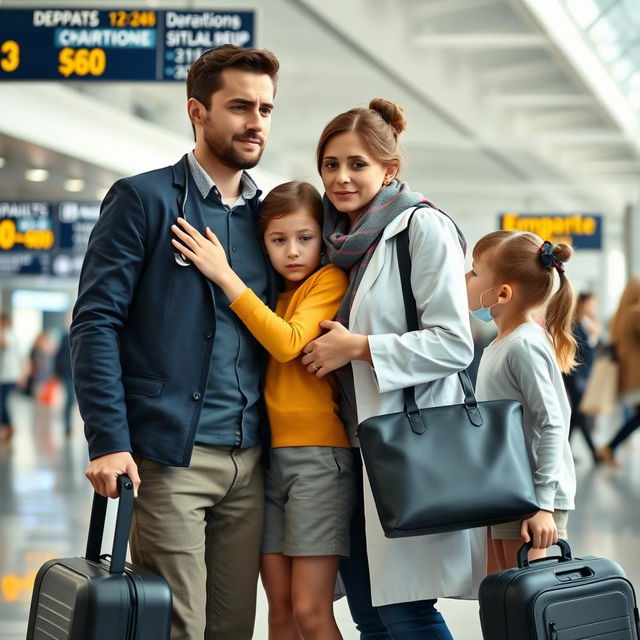 A young male doctor in a busy airport terminal, saying goodbye to his wife and two kids