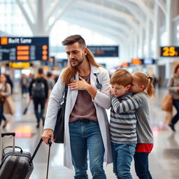 A young male doctor in a busy airport terminal, saying goodbye to his wife and two kids