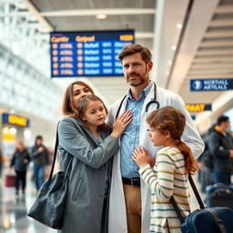 A young male doctor in a busy airport terminal, saying goodbye to his wife and two kids