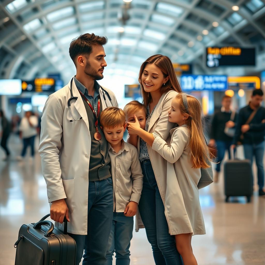 A young male doctor in a busy airport terminal, saying goodbye to his wife and two kids