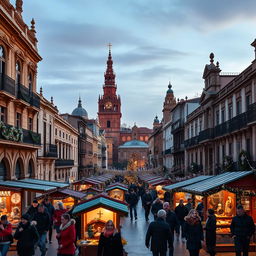 A stunning view of Seville during Christmas time, showcasing its beautiful historic architecture adorned with festive decorations