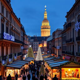 A stunning view of Seville during Christmas time, showcasing its beautiful historic architecture adorned with festive decorations