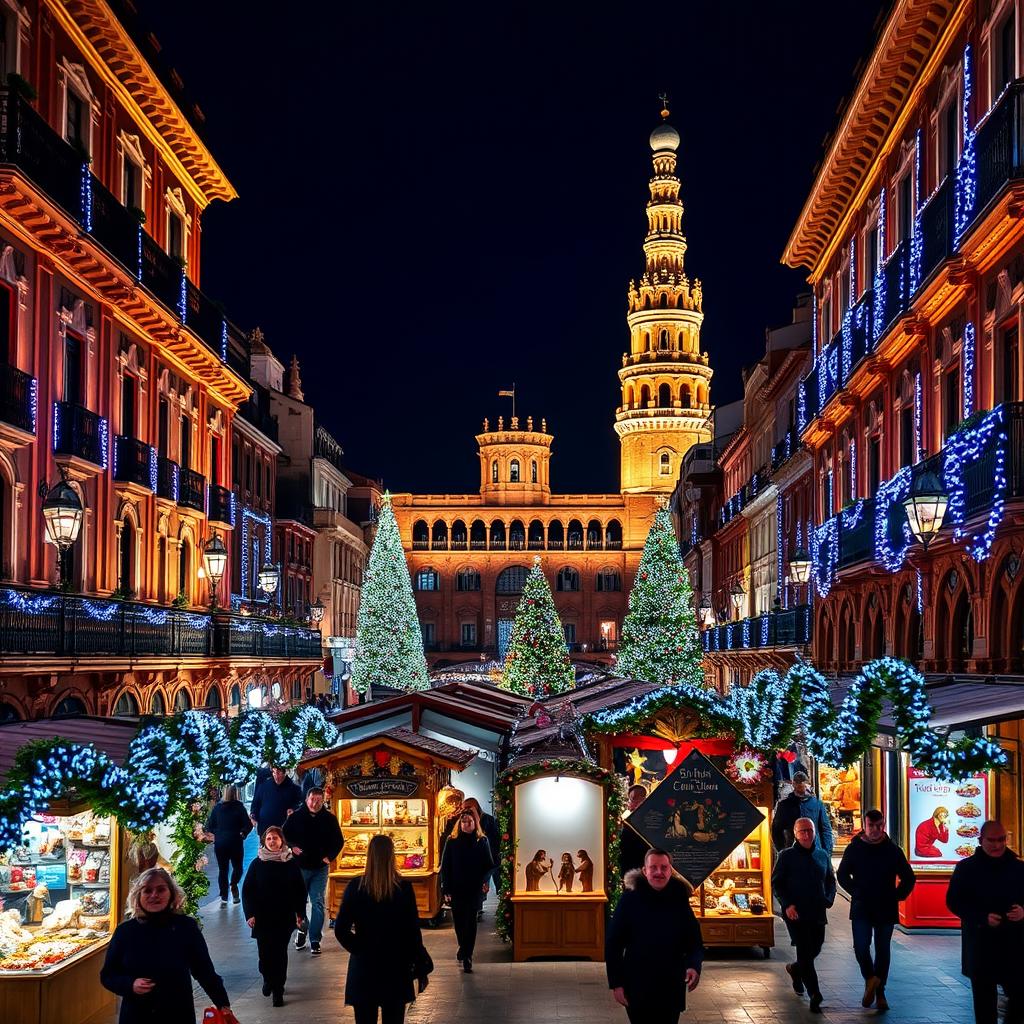 A stunning view of Seville during Christmas time, showcasing its beautiful historic architecture adorned with festive decorations