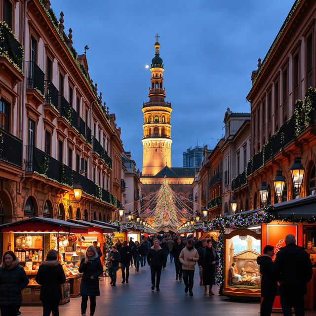 A stunning view of Seville during Christmas time, showcasing its beautiful historic architecture adorned with festive decorations