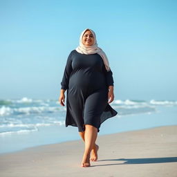 A plus-sized woman wearing a hijab walking confidently on a beach