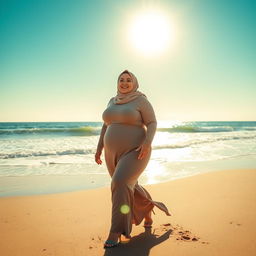A plus-sized woman wearing a hijab walking confidently on a beach