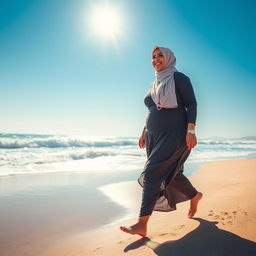 A plus-sized woman wearing a hijab walking confidently on a beach