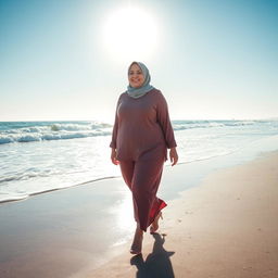 A plus-sized woman wearing a hijab walking confidently on a beach