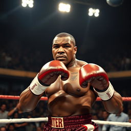 A scene featuring a powerful boxer in a boxing ring, showcasing Mike Tyson, the legendary heavyweight champion, in his iconic stance