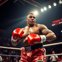 A scene featuring a powerful boxer in a boxing ring, showcasing Mike Tyson, the legendary heavyweight champion, in his iconic stance