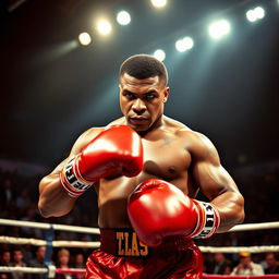 A scene featuring a powerful boxer in a boxing ring, showcasing Mike Tyson, the legendary heavyweight champion, in his iconic stance