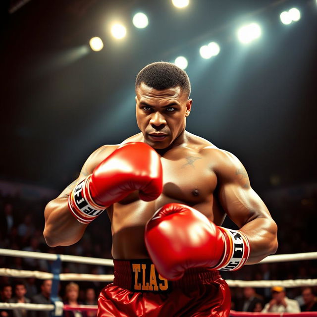 A scene featuring a powerful boxer in a boxing ring, showcasing Mike Tyson, the legendary heavyweight champion, in his iconic stance