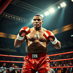 A scene featuring a powerful boxer in a boxing ring, showcasing Mike Tyson, the legendary heavyweight champion, in his iconic stance