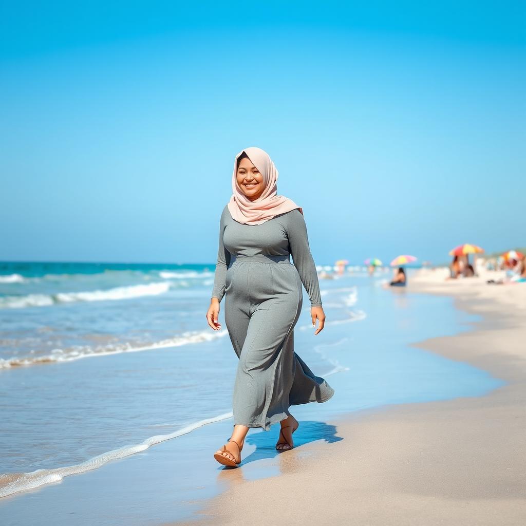 A curvy woman wearing a hijab casually walking along the beach, confidently embracing her body