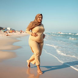 A curvy woman wearing a hijab casually walking along the beach, confidently embracing her body