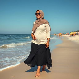 A curvy woman wearing a hijab casually walking along the beach, confidently embracing her body