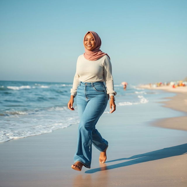 A curvy woman wearing a hijab casually walking along the beach, confidently embracing her body