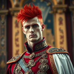 A tall man with bright red hair, dressed as a royal soldier, showcasing dramatic royal attire
