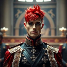 A tall man with bright red hair, dressed as a royal soldier, showcasing dramatic royal attire