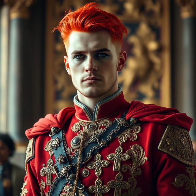 A tall man with bright red hair, dressed as a royal soldier, showcasing dramatic royal attire