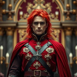 A tall man with bright red hair, dressed as a royal soldier, showcasing dramatic royal attire