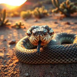 A realistic close-up of a rattlesnake in a natural desert setting, showcasing its distinctive patterns and textures on the scales