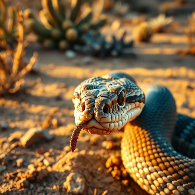 A realistic close-up of a rattlesnake in a natural desert setting, showcasing its distinctive patterns and textures on the scales