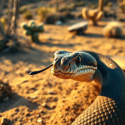 A realistic close-up of a rattlesnake in a natural desert setting, showcasing its distinctive patterns and textures on the scales