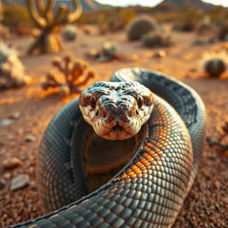 A realistic close-up of a rattlesnake in a natural desert setting, showcasing its distinctive patterns and textures on the scales