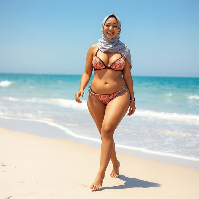 A plus-sized woman wearing a hijab and a bikini, confidently walking barefoot on the beach