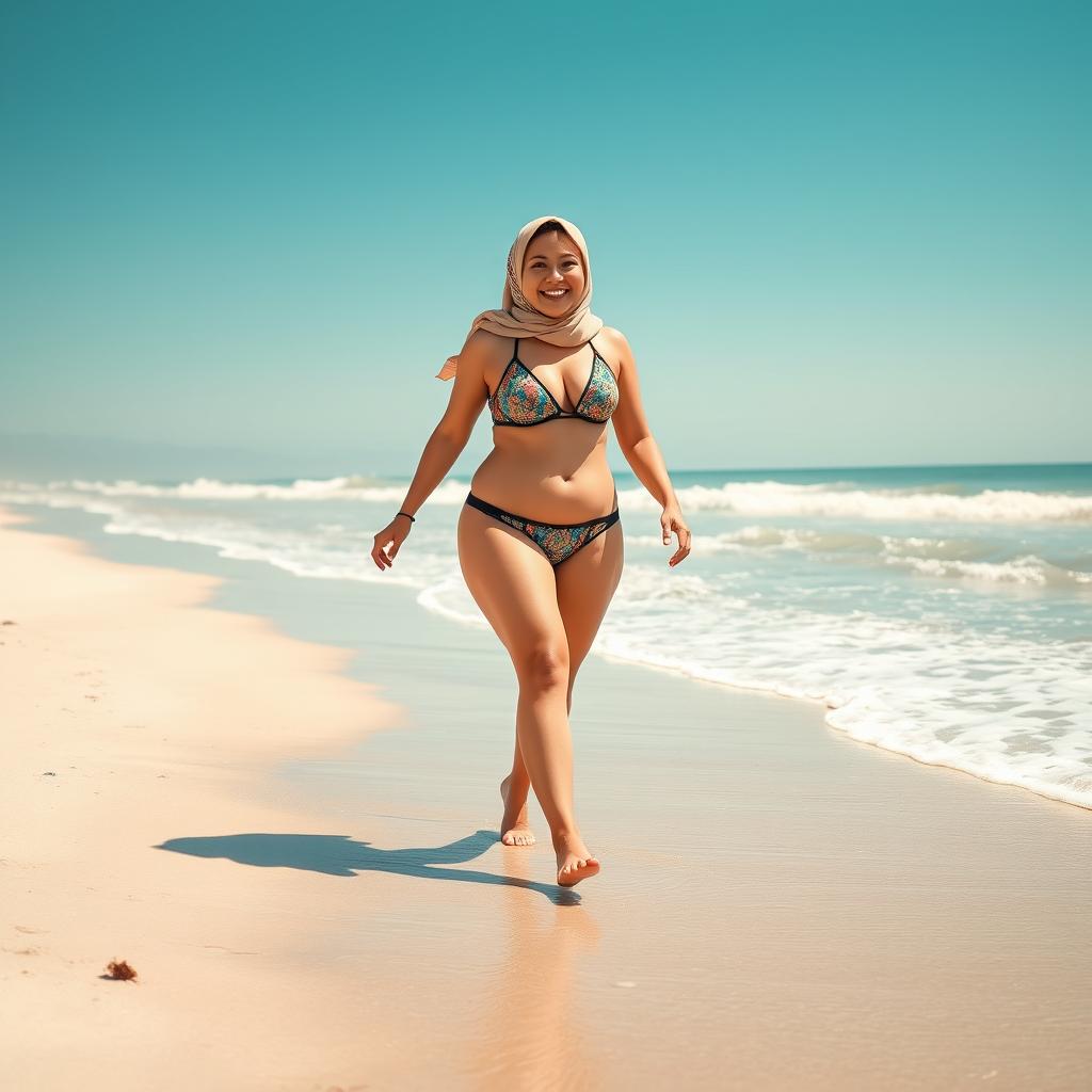 A plus-sized woman wearing a hijab and a bikini, confidently walking barefoot on the beach