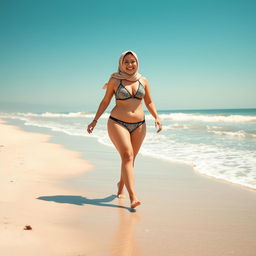 A plus-sized woman wearing a hijab and a bikini, confidently walking barefoot on the beach