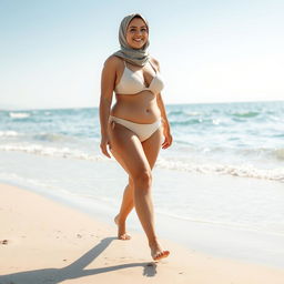 A plus-sized woman wearing a hijab and a bikini, confidently walking barefoot on the beach
