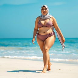 A plus-sized woman wearing a hijab and a bikini, confidently walking barefoot on the beach