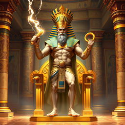 A grand and majestic depiction of a being that embodies both Zeus and a pharaoh, standing confidently on a golden throne in an opulent Egyptian palace