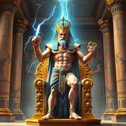 A grand and majestic depiction of a being that embodies both Zeus and a pharaoh, standing confidently on a golden throne in an opulent Egyptian palace