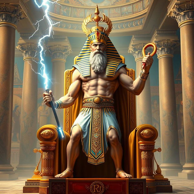 A grand and majestic depiction of a being that embodies both Zeus and a pharaoh, standing confidently on a golden throne in an opulent Egyptian palace