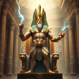 A grand and majestic depiction of a being that embodies both Zeus and a pharaoh, standing confidently on a golden throne in an opulent Egyptian palace