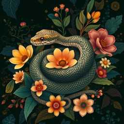 A striking artistic interpretation of a snake in an abstract style, coiling around a series of vibrant, colorful elements that represent its natural habitat
