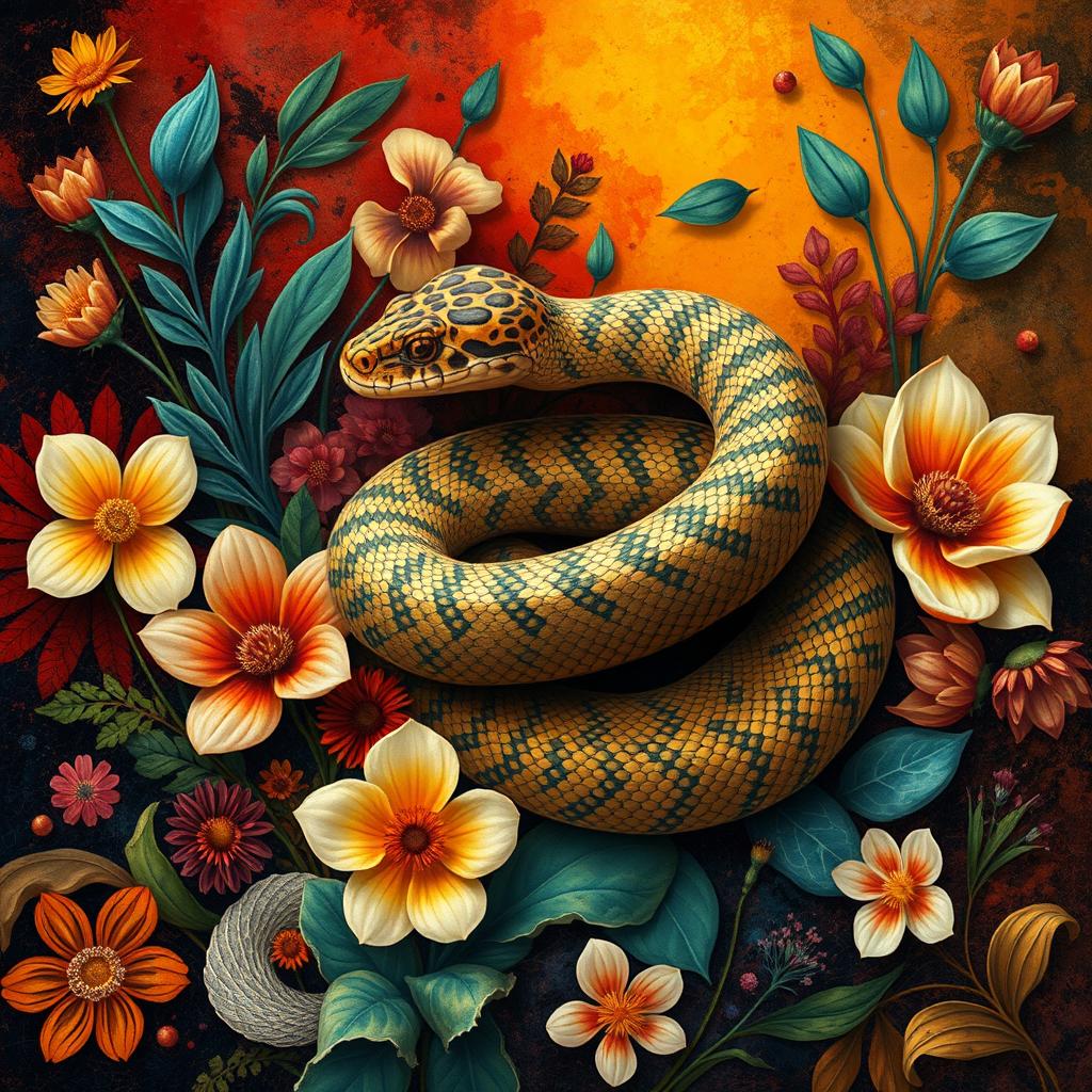 A striking artistic interpretation of a snake in an abstract style, coiling around a series of vibrant, colorful elements that represent its natural habitat