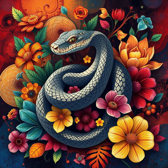 A striking artistic interpretation of a snake in an abstract style, coiling around a series of vibrant, colorful elements that represent its natural habitat