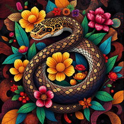 A striking artistic interpretation of a snake in an abstract style, coiling around a series of vibrant, colorful elements that represent its natural habitat