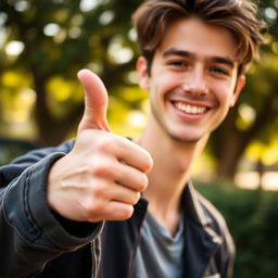 A close-up of a confident young man, dressed in a stylish, casual outfit, smiling at the camera