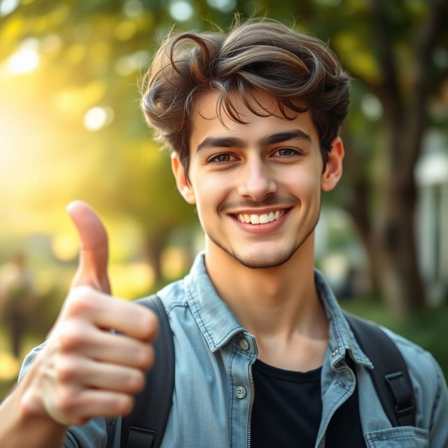 A close-up of a confident young man, dressed in a stylish, casual outfit, smiling at the camera