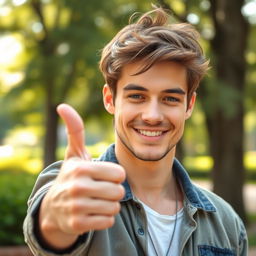 A close-up of a confident young man, dressed in a stylish, casual outfit, smiling at the camera