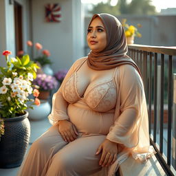 A plump woman wearing a hijab and sheer lingerie, sitting elegantly on a balcony, surrounded by beautiful flowers and outdoor decor