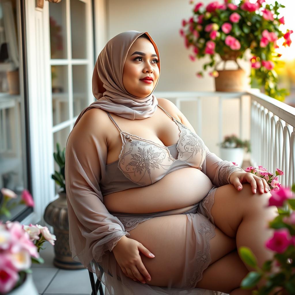 A plump woman wearing a hijab and sheer lingerie, sitting elegantly on a balcony, surrounded by beautiful flowers and outdoor decor