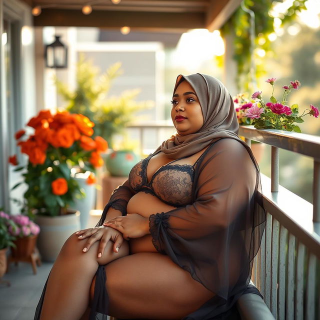 A plump woman wearing a hijab and sheer lingerie, sitting elegantly on a balcony, surrounded by beautiful flowers and outdoor decor