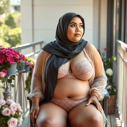 A plump woman wearing a hijab and sheer lingerie, sitting elegantly on a balcony, surrounded by beautiful flowers and outdoor decor